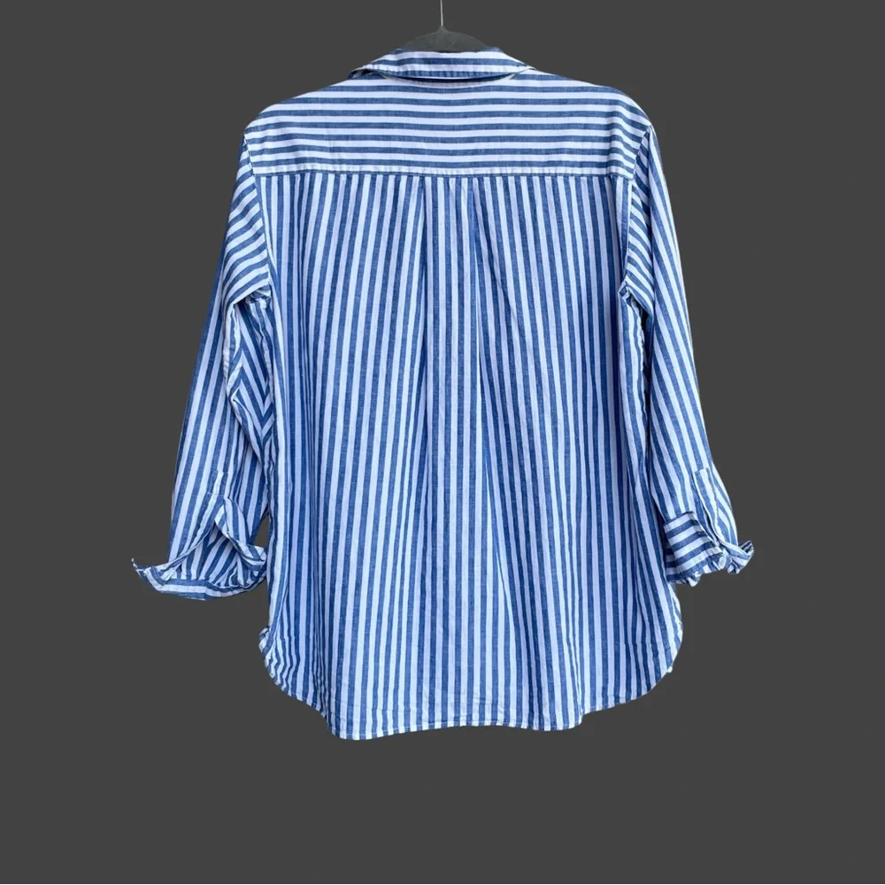 SEZANE Classic Oversized Blue & White Striped Linen Cotton Button Down Max Shirt - Picture 12 of 17